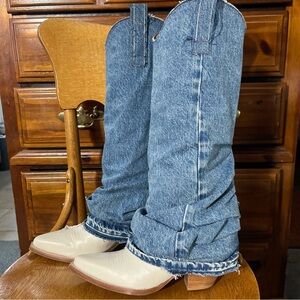 R13 Denim Leather Sleeve Cowboy Boots 38